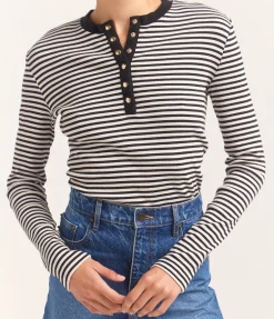 Alessia Long Sleeve Tee in Cream and Black Stripe
