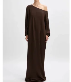 Asymmetric Silk Satin Gown in Chocolate