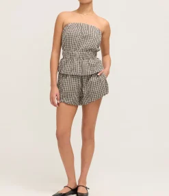 Aurelia Strapless Top in Gingham Black and Cream