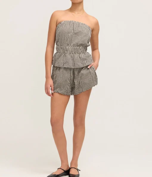 Aurelia Strapless Top in Gingham Black and Cream