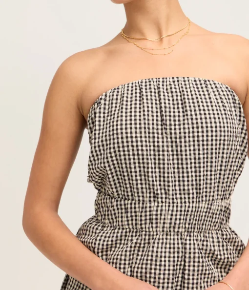 Aurelia Strapless Top in Gingham Black and Cream
