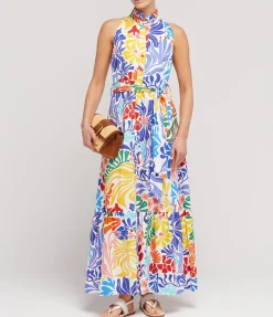 Biba Cotton Sleeveless Shirt Dress in Sea Sunbath