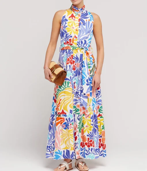 Biba Cotton Sleeveless Shirt Dress in Sea Sunbath