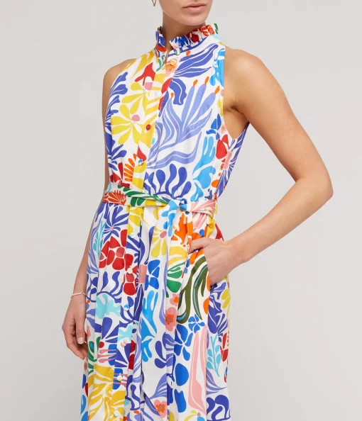 Biba Cotton Sleeveless Shirt Dress in Sea Sunbath