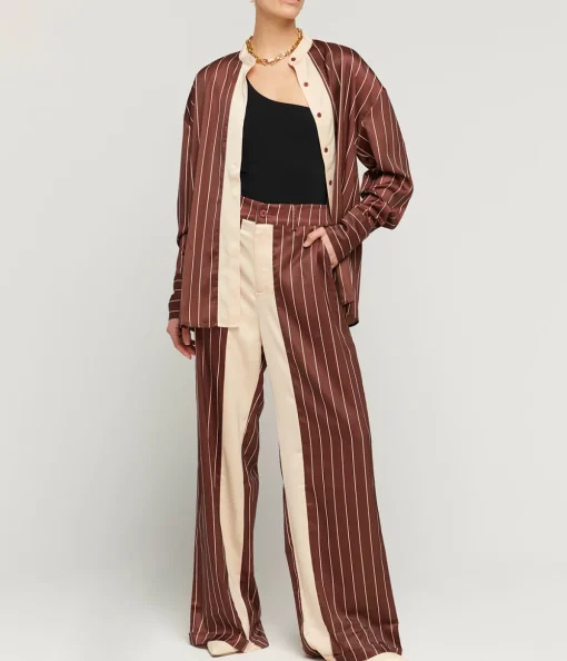 Bordeaux Silk Stripe Tailored Pant in Cocoa and Ecru
