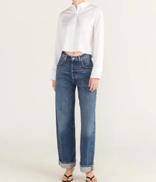 Boxy Cropped Long Sleeve Shirt in White