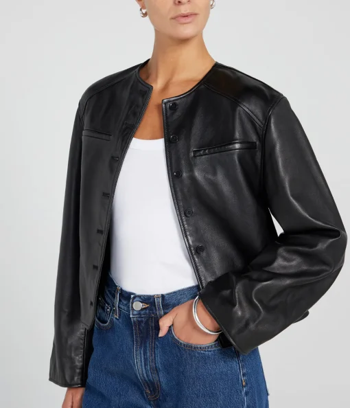 Brize Cropped Leather Jacket in Black