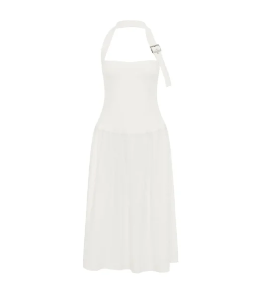 Buckle Halter Dress in Optic White