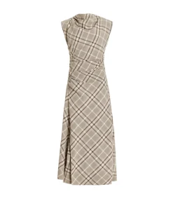 Burke Short Sleeve Draped Midi Dress in Sand Plaid