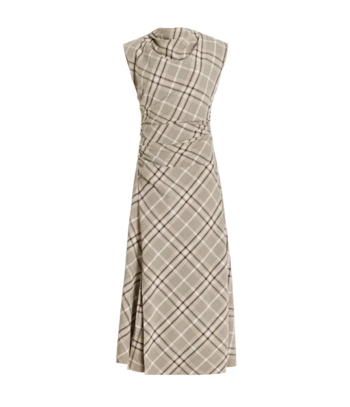 Burke Short Sleeve Draped Midi Dress in Sand Plaid