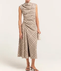 Burke Short Sleeve Draped Midi Dress in Sand Plaid