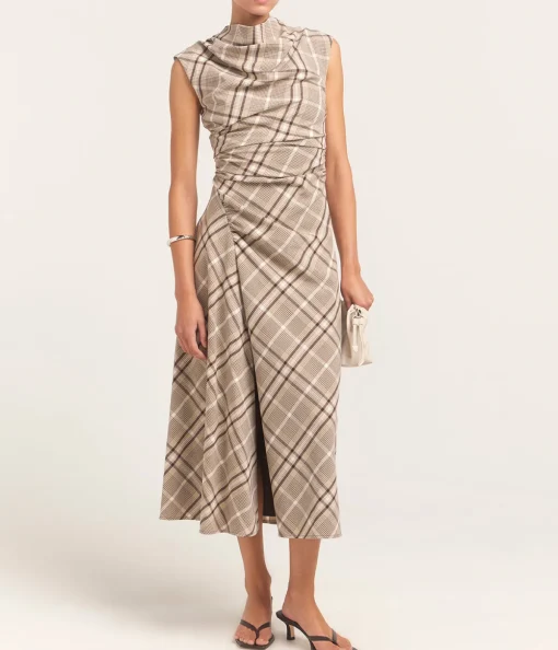 Burke Short Sleeve Draped Midi Dress in Sand Plaid