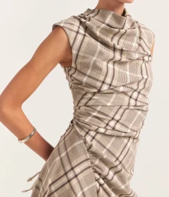 Burke Short Sleeve Draped Midi Dress in Sand Plaid