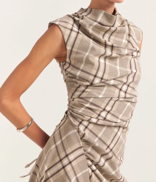Burke Short Sleeve Draped Midi Dress in Sand Plaid