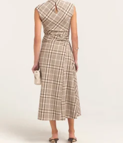 Burke Short Sleeve Draped Midi Dress in Sand Plaid