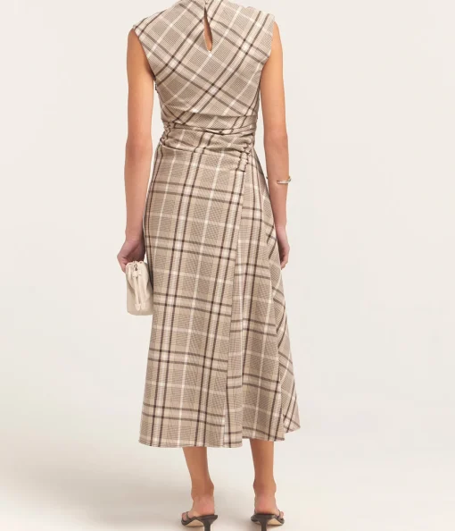 Burke Short Sleeve Draped Midi Dress in Sand Plaid