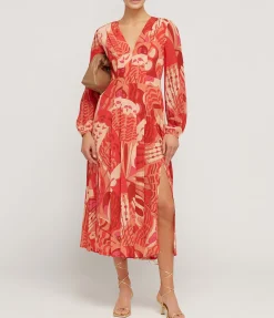 Camellia Silk Longsleeve Dress in Butterfly Red