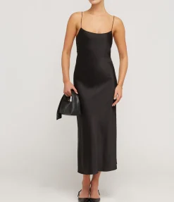 Carolyn Silk Slip Midi Dress in Black