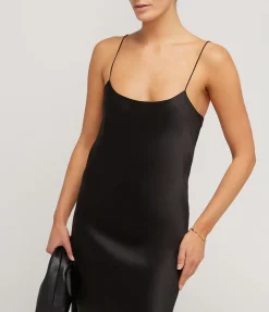 Carolyn Silk Slip Midi Dress in Black