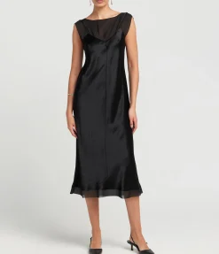 Chiffon Layered Slip Midi Dress in Black