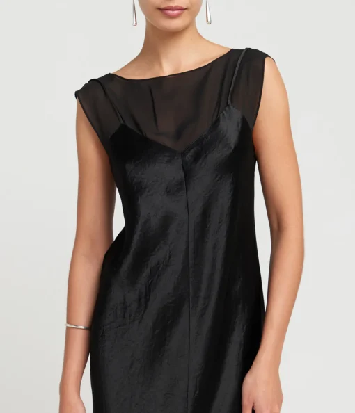 Chiffon Layered Slip Midi Dress in Black
