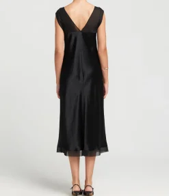 Chiffon Layered Slip Midi Dress in Black