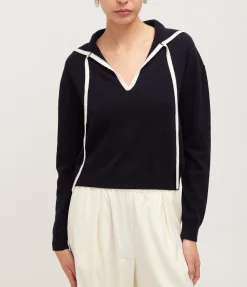 Contrast Collar Cashmere Sweater in Navy and White
