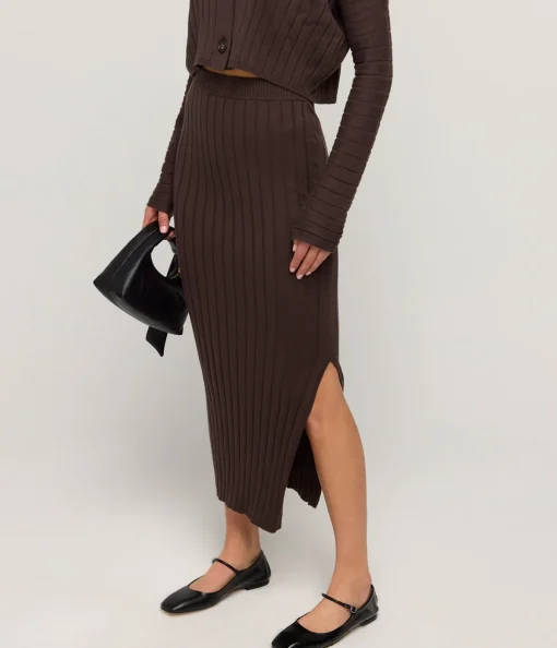 Cotton Cashmere Ribbed Skirt in Chocolate