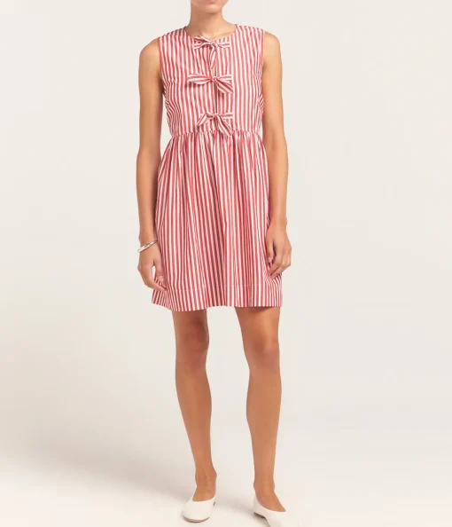 Cotton Mini Bow Tie Dress in Red and White Stripe