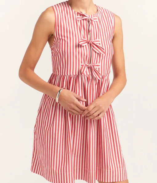 Cotton Mini Bow Tie Dress in Red and White Stripe