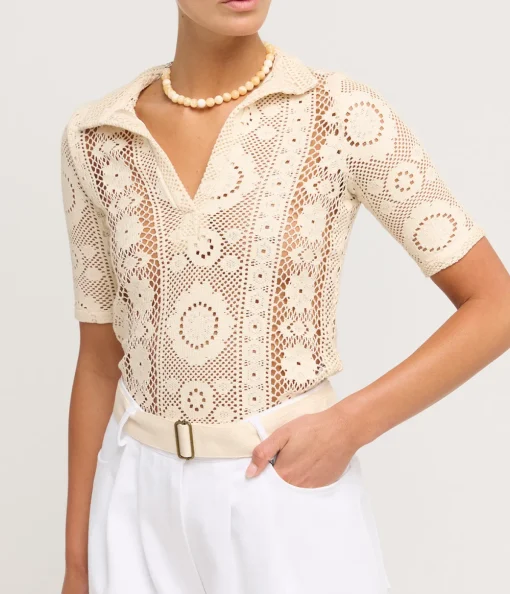 Crochet Polo Top in Creme