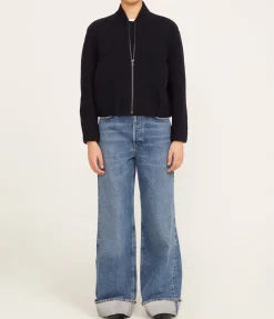 Cropped Wool Bomber Jacket in Navy