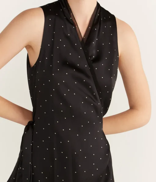 Dot Wrap Dress with Panelled Chiffon in Black