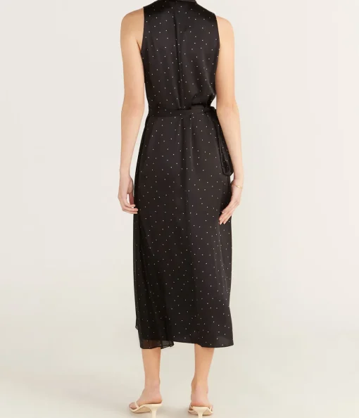 Dot Wrap Dress with Panelled Chiffon in Black