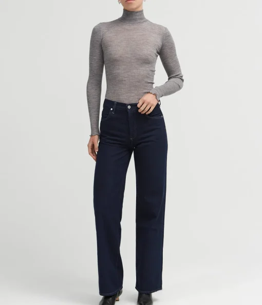 Doudo Thin Ribbed Turtle Neck Top in Grey Melange