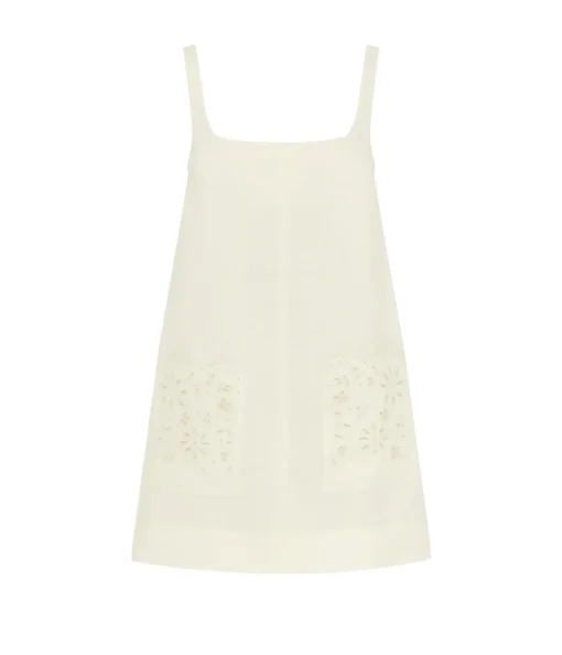 Embroidered Shift Mini Dress in Crème