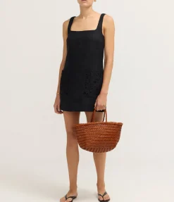 Embroidered Shift Mini Dress in Ebony