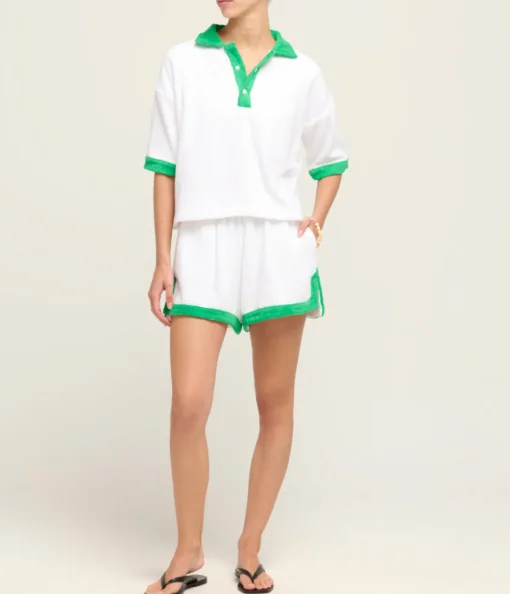 Estate Towelling Tee in Bianco with Verde Trim