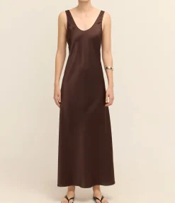 Esther Satin Dress in Chocolate