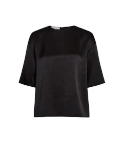 Fluid Satin Short Sleeve Blouse in Black