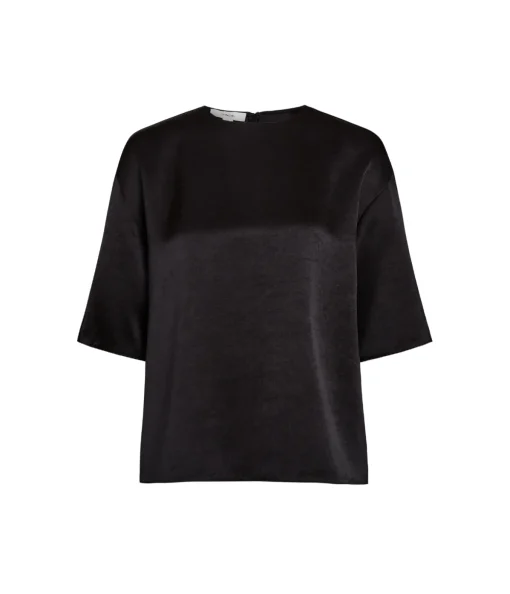Fluid Satin Short Sleeve Blouse in Black
