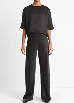 Fluid Satin Short Sleeve Blouse in Black