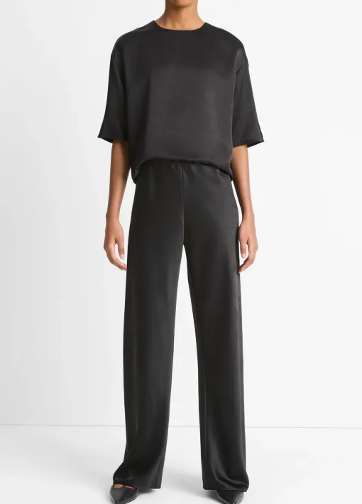 Fluid Satin Short Sleeve Blouse in Black