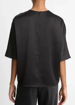 Fluid Satin Short Sleeve Blouse in Black