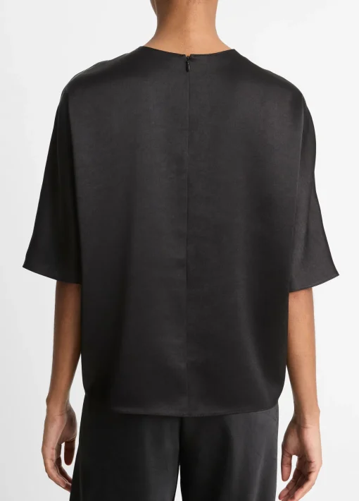 Fluid Satin Short Sleeve Blouse in Black
