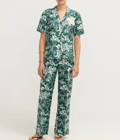 Garden Toile Embellished Camp Shirt in Ivy