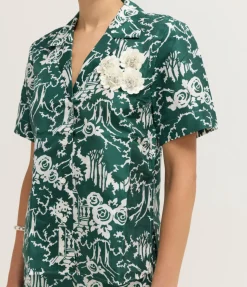 Garden Toile Embellished Camp Shirt in Ivy