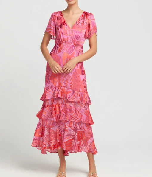 Gilly Short Sleeve Maxi Dress in Butterfly Devore Pink