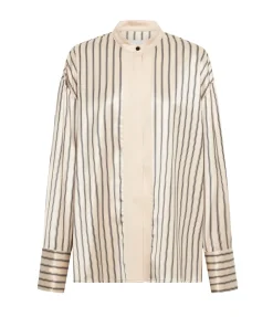 Gio Thin Triple Stripe Silk Shirt in Black and Ecru