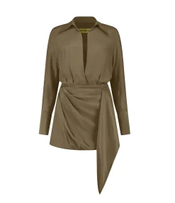Gravia Silk Long Sleeve Dress in Cumin